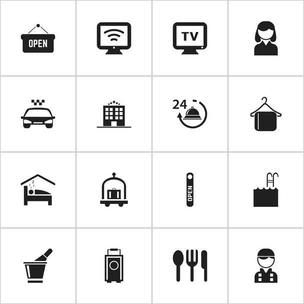 Conjunto de 16 ícones editáveis do hotel. Inclui símbolos como feminino, restaurante, piscina e muito mais. Pode ser usado para Web, Mobile, UI e design infográfico
. - Vetor, Imagem
