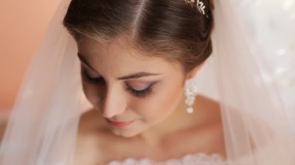 Close up portrait of bride with beautiful bridal veil before wedding ceremony - Footage, Video