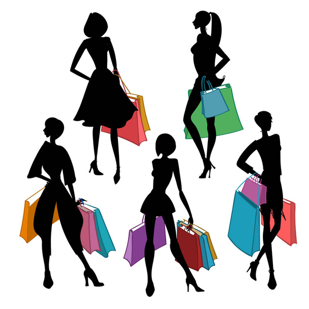 Silhouetten von Frauen mit Einkaufstaschen. Vektorillustration. - Vektor, Bild