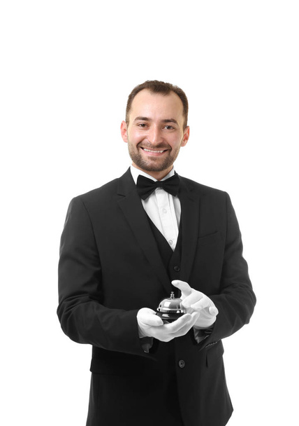 Waiter with bell on white background - Φωτογραφία, εικόνα