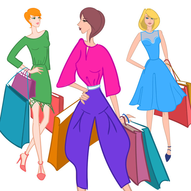 Fasionable girl with shopping bags. Vector illustration. - Vector, Image