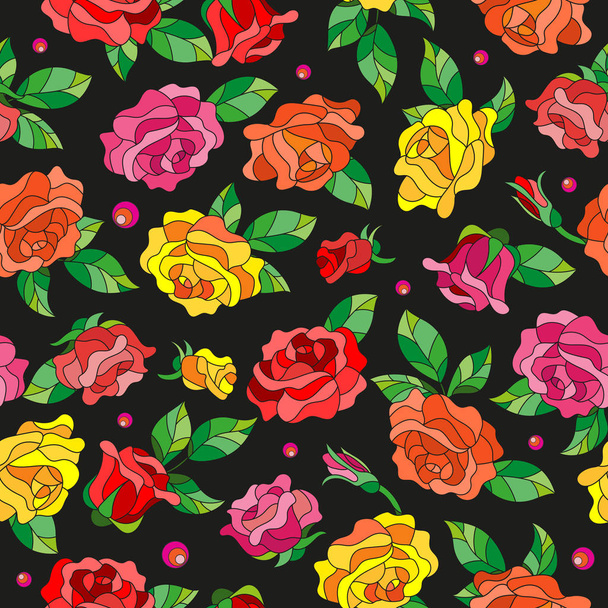 Padrão sem costura com flores de primavera em estilo de vidro manchado, flores, botões e folhas de rosas multicoloridas em um fundo escuro
 - Vetor, Imagem