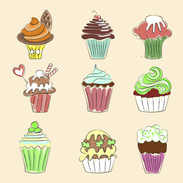 Collection of Hand drawn cupcakes - Вектор, зображення