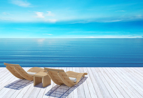 Strandlounge, Sonnendeck über blauem Meer und Himmel, Sommerferienkonzept - Foto, Bild