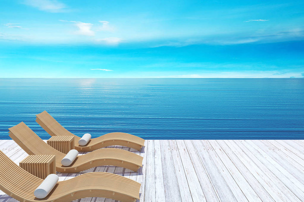 Strandlounge, Sonnendeck über blauem Meer und Himmel, Sommerferienkonzept am Strand - Foto, Bild