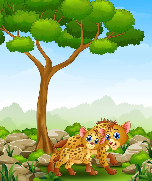 Мультфильм взрослые гиены и детеныши гиены в джунглях
 - Вектор,изображение