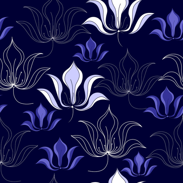 Seamless pattern with white flowers on a blue background. Hand drawn floral texture. - Vector, afbeelding