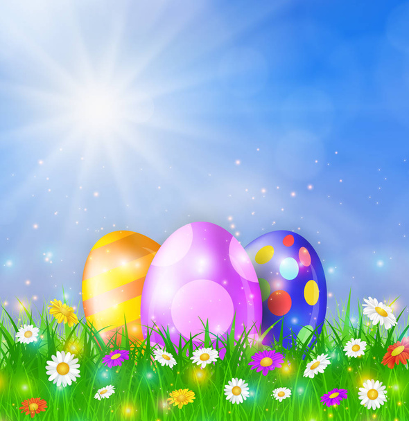 Happy Easter Card with Eggs, Grass, Flowers - Vector, Image