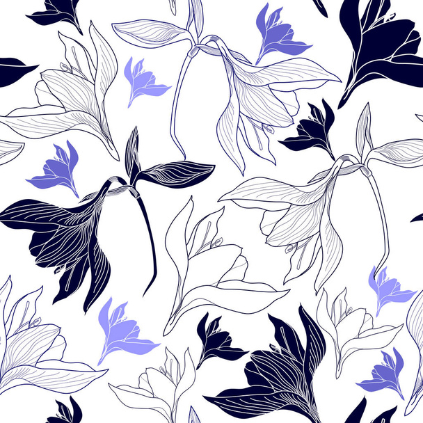 Seamless pattern with blue flowers on a white background. Hand drawn floral texture. - Vector, imagen