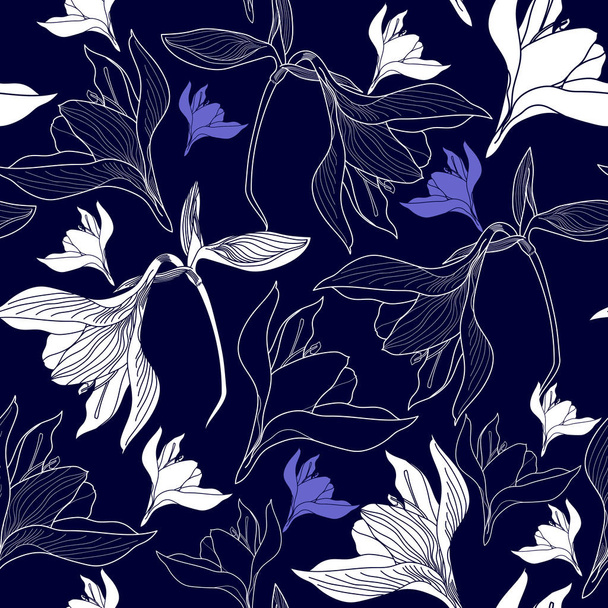 Seamless pattern with white flowers on a blue background. Hand drawn floral texture. - Вектор,изображение