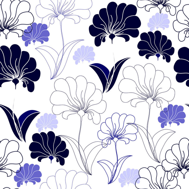 Seamless pattern with blue flowers on a white background. Hand drawn floral texture. - Vecteur, image