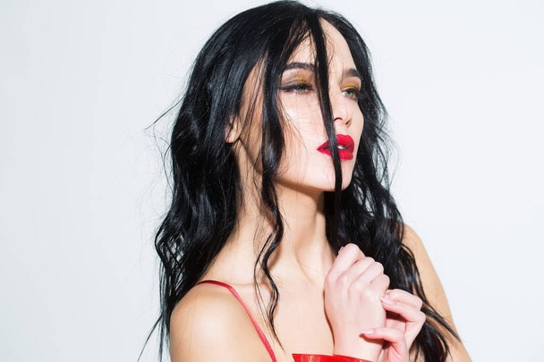 sexy woman with red lips, long hair in bra - 写真・画像