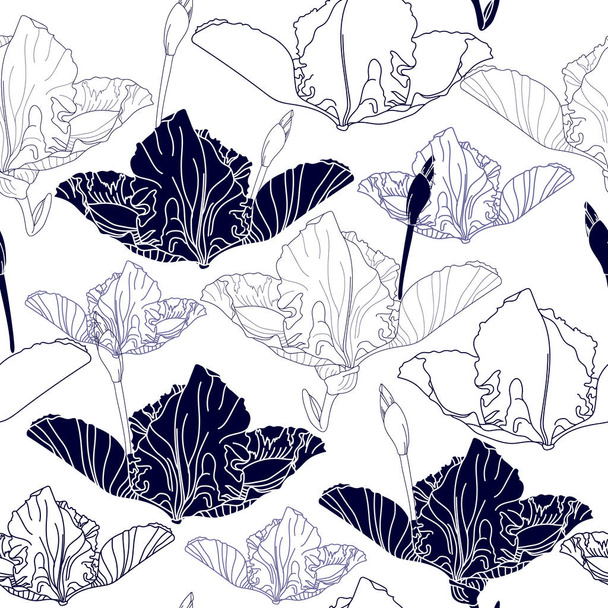 Seamless pattern with blue flowers on a white background. Hand drawn floral texture. - Vektor, kép