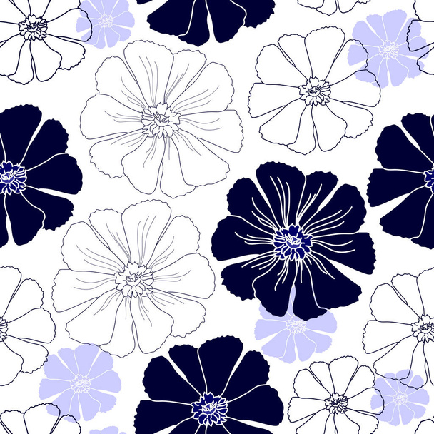 Seamless pattern with blue flowers on a white background. Hand drawn floral texture. - Vector, Image
