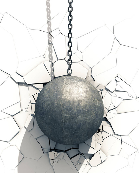 Fémes Wrecking Ball megrázó fehér fal - Fotó, kép