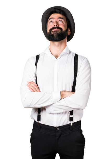 Hipster man with beard looking up - Zdjęcie, obraz