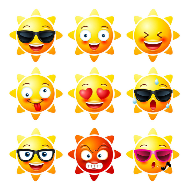 Sole, icone faccia sorridente o emoticon gialle con divertente emotivo
  - Vettoriali, immagini