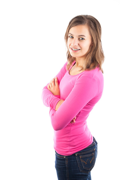 Портрет уверенной улыбающейся девушки, стоящей на руках
 - Фото, изображение