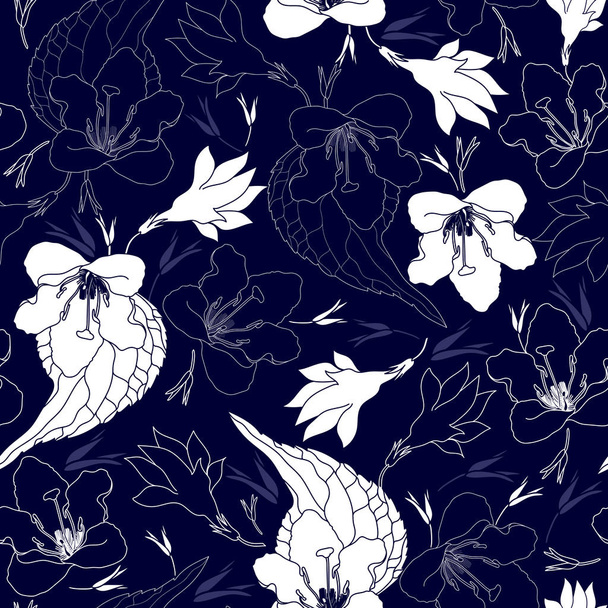 Seamless pattern with white flowers on a blue background. Hand drawn floral texture. - Vektor, Bild
