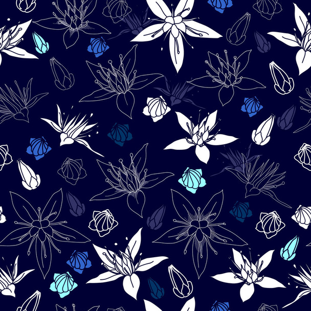Seamless pattern with white flowers on a blue background. Hand drawn floral texture. - Vector, Imagen