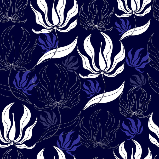 Seamless pattern with white flowers on a blue background. Hand drawn floral texture. - Wektor, obraz