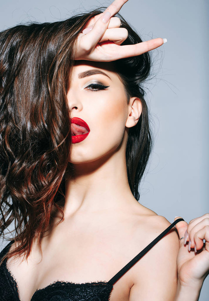 sexy woman with red lips, long brunette hair - Foto, Imagen