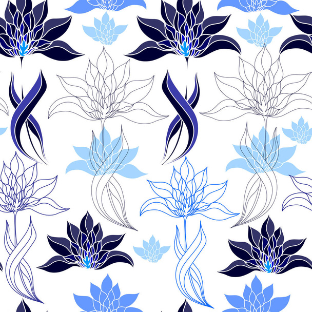 Seamless pattern with blue flowers on a white background. Hand drawn floral texture. - Vector, afbeelding