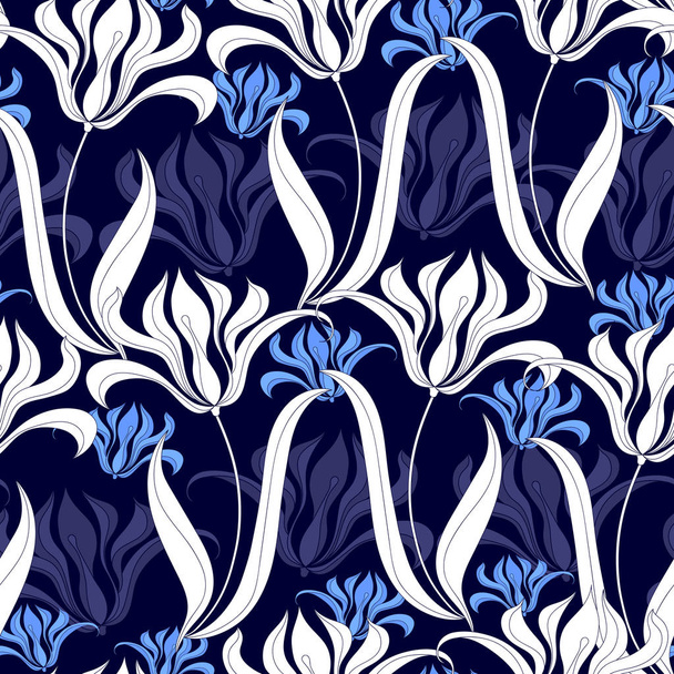 Seamless pattern with white flowers on a blue background. Hand drawn floral texture. - Vector, Image