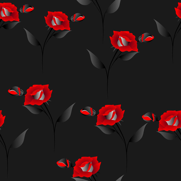 Seamless pattern with red roses on a black background. - Vector, Image