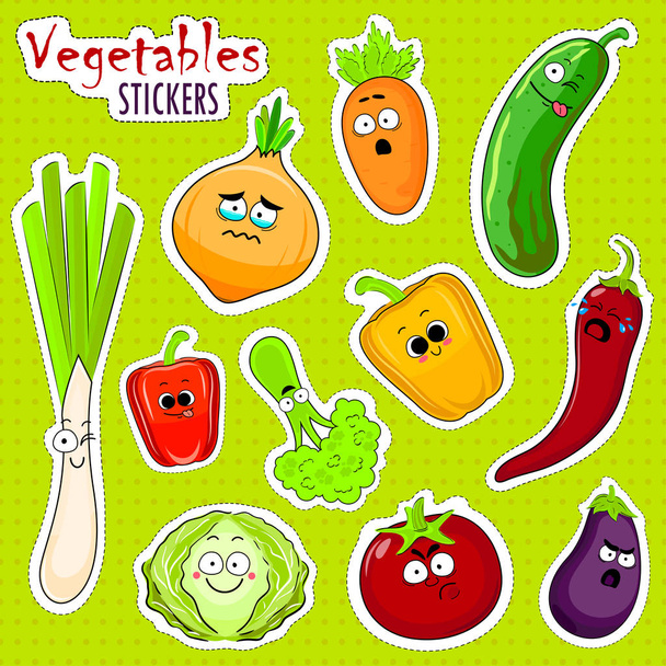 Cartoon vegetable cute characters face stickers. - Vector, Image