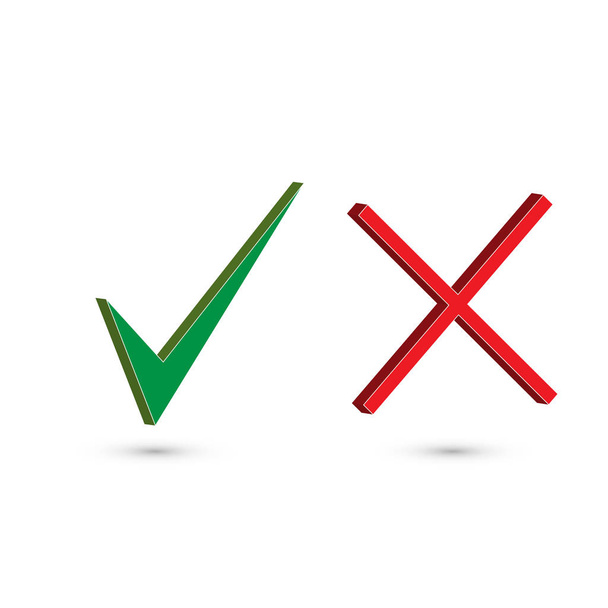 チェック マーク ステッカー。2 つの単純な web ボタンのセット: 緑のチェック マークと赤十字社。はい、投票、決定、web ボタンなしを記号します。ベクトル図 - ベクター画像