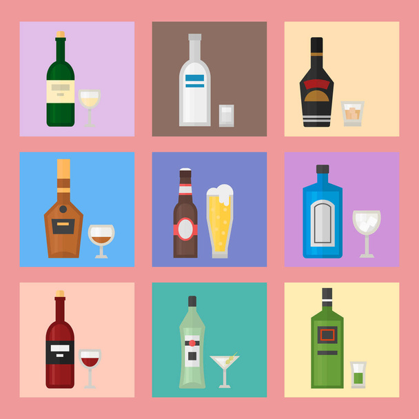Alcohol dranken dranken cocktail kaart drank fles pils verfrissing container en menu dronken concept verschillende fles en glazen vectorillustratie. - Vector, afbeelding