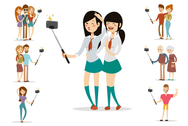 Selfie ludzie na białym tle wektor ilustracja postać zdjęcie styl życia zestaw hipster Inteligentne kamery płaskie smartphone osoba obraz dziewczyna - Wektor, obraz