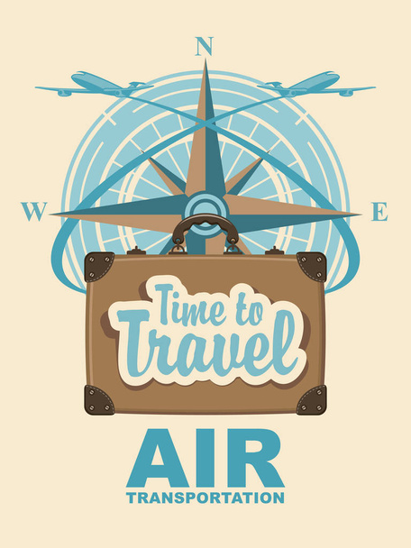 banner con maleta de viaje y brújula Windrose
 - Vector, imagen