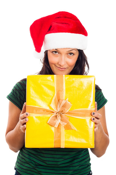 Щаслива різдвяна жінка з подарунком
 - Фото, зображення