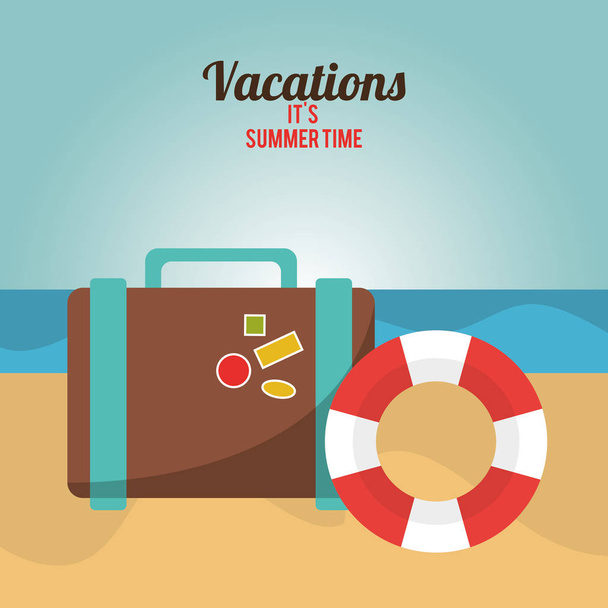 vacaciones verano tiempo maleta y salvavidas playa
 - Vector, Imagen