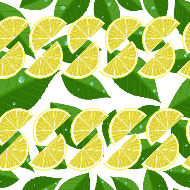 seamless background with lemon slices and mint leaves with dew - Vector, Image