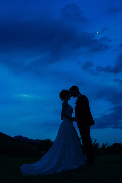 Yeni evliler günbatımı gökyüzüne karşı silüeti. Ben düğün - Fotoğraf, Görsel