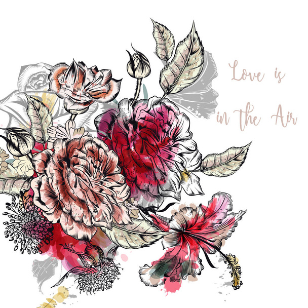 Elegant illustration with rose flowers. Love is in the air - Vektori, kuva