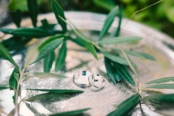 Jegygyűrű egy ezüst tálcán, olajfa ágakat. Esküvői öss - Fotó, kép