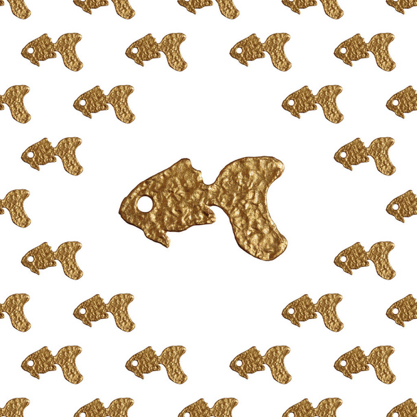 Gold fishes seamless pattern. Hand painted sea background. Abstract marine texture. - Valokuva, kuva