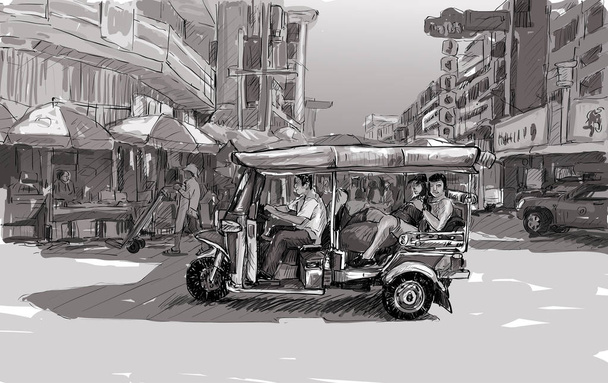 Sketch cityscape of Chiangmai, Thailand, show local motor tricycle Tuk on street, illustration vector - Vektori, kuva