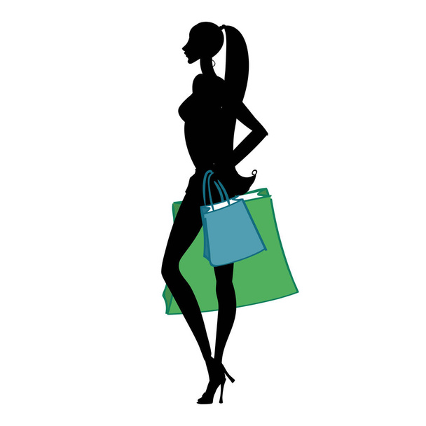 Sylwetka kobiety z różnych kolorowych toreb na zakupy. Ilustracja wektorowa - Wektor, obraz