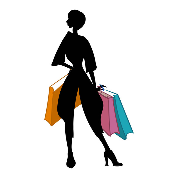 Silueta de mujer con diferentes bolsas de compras de colores. Ilustración vectorial
 - Vector, Imagen