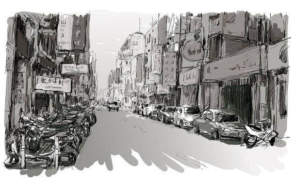 sketch of cityscape in Taiwan show urban street view market in Taipei, illustration vector - Wektor, obraz