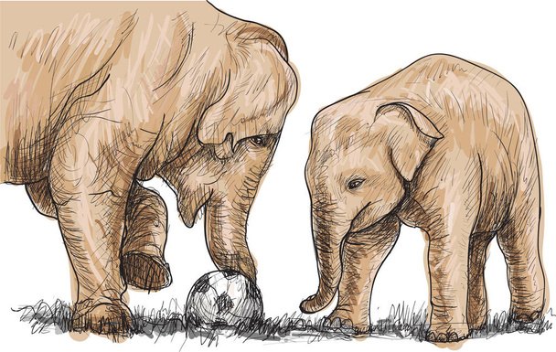elephant playing football, sketch free hand draw illustration - Vector, Image