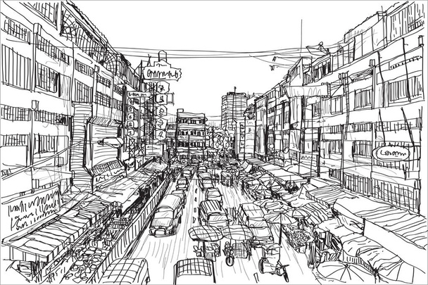 sketch Thai local market place in Chiangmai, free hand draw vector illustration - Vector, Image