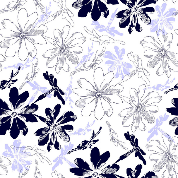 Seamless pattern with blue flowers on a white background. Hand drawn floral texture. - Vector, Imagen