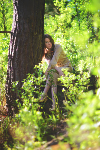 Young beautiful girl sits in a forest near a tree. - Foto, afbeelding