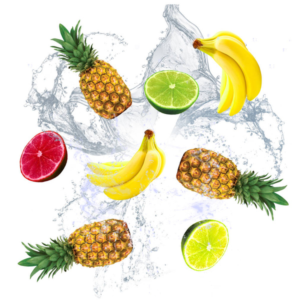 Лимон, банани, ананаси і лайм на білому тлі з водою
 - Фото, зображення